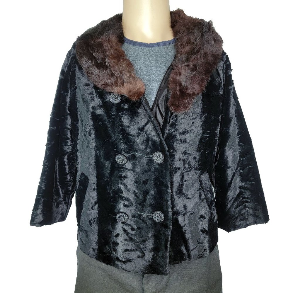Vintage 60's Textured Crushed Velvet Rabbit Fur Collar Coat Jacket